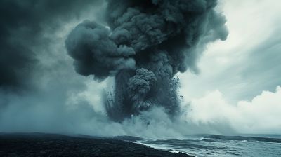 a black and white photo of a large plume of smoke coming out of the ocean