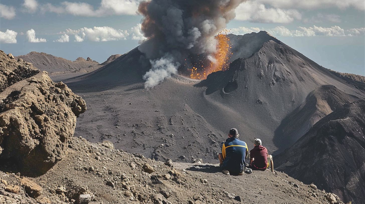 a couple of people sitting on top of a mountain