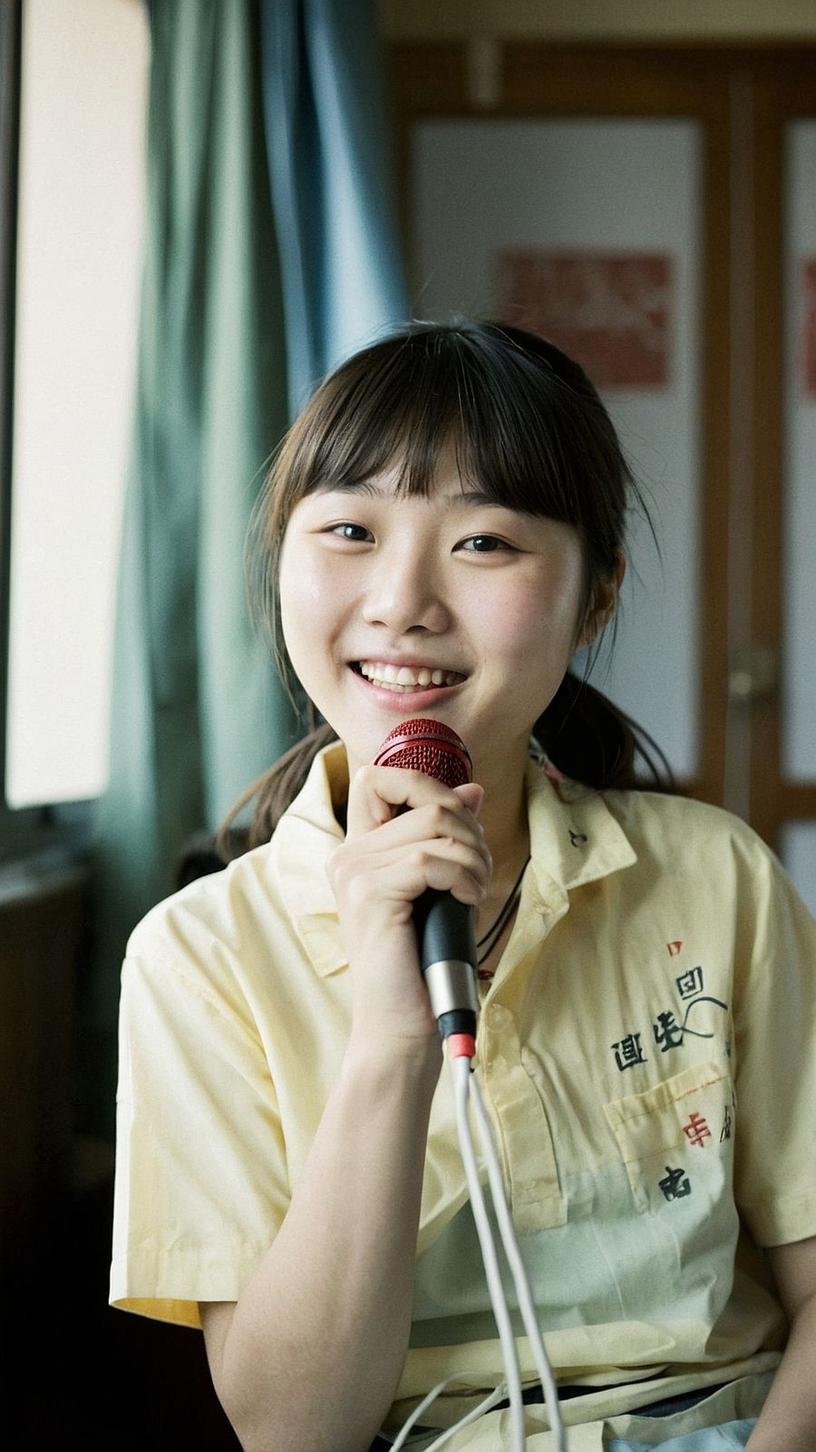 a woman sitting in a chair holding a microphone