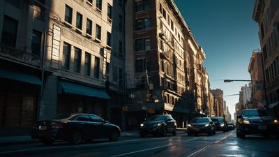 a city street filled with lots of traffic next to tall buildings