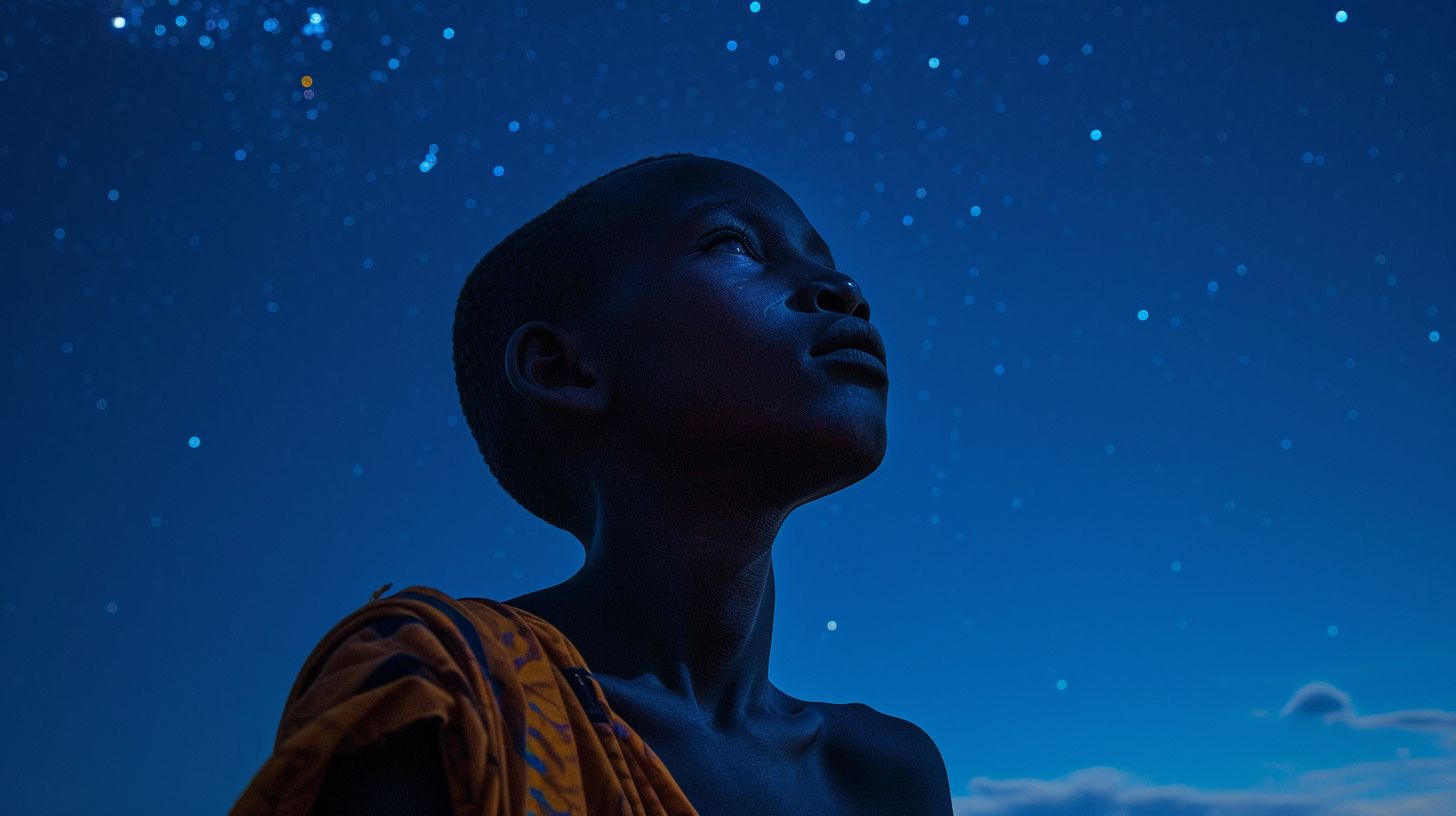 a young boy looking up at the stars in the sky