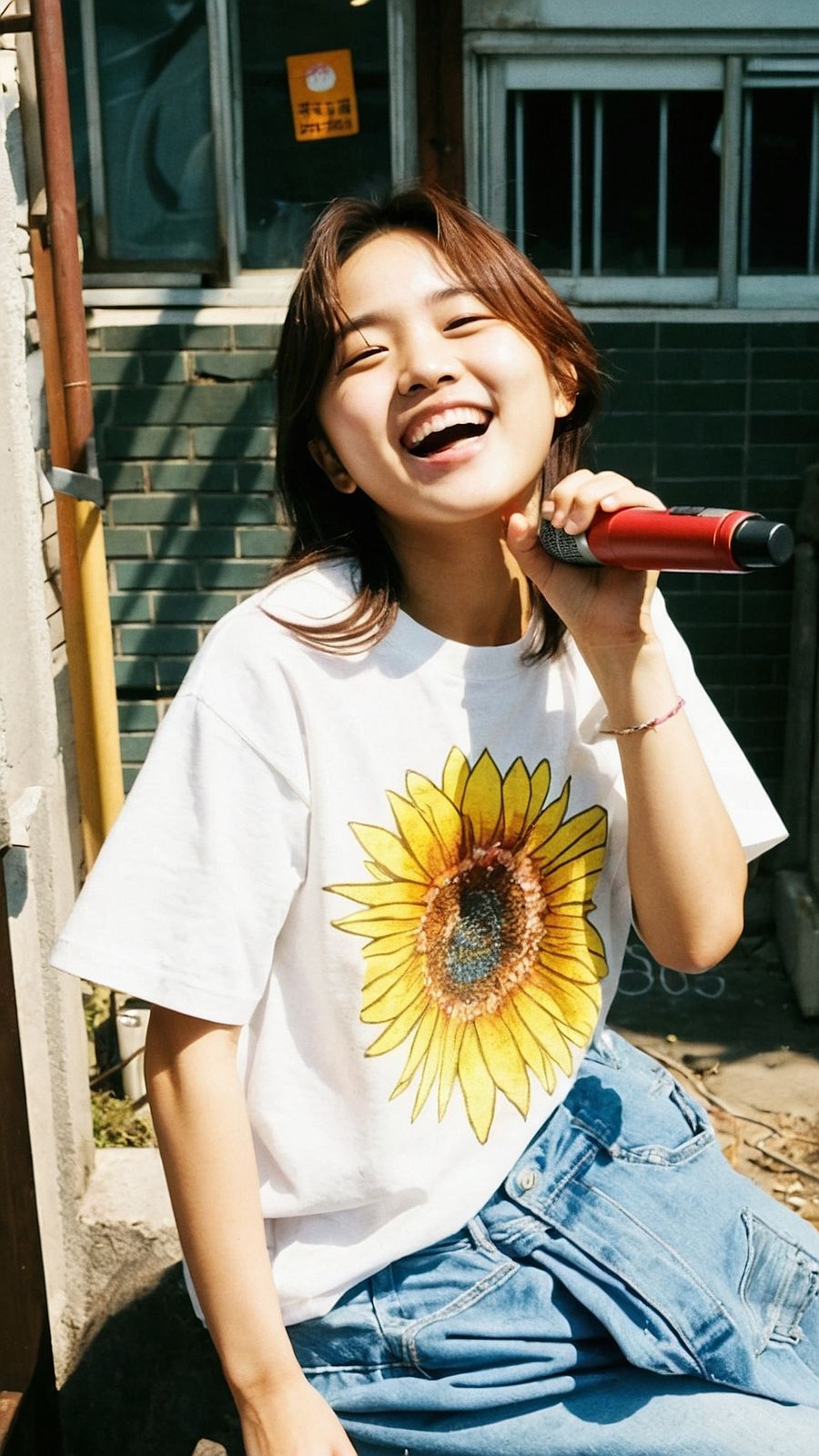 a woman sitting on the ground singing into a microphone