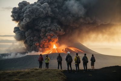 a group of people standing in front of a volcano