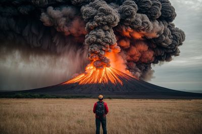 a man standing in front of a large plume of smoke