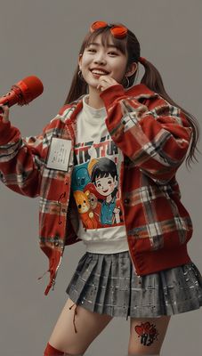 a girl in a red jacket and plaid skirt holding a microphone