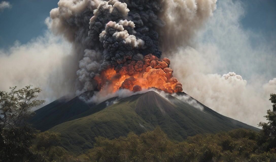 a large plume of smoke billowing out of a volcano