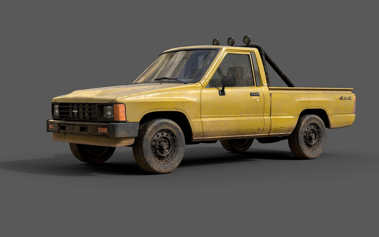 a yellow pick up truck parked on a gray background