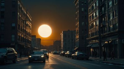 the sun is setting over a city street