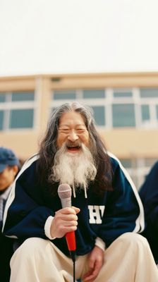 a man with a long white beard holding a microphone