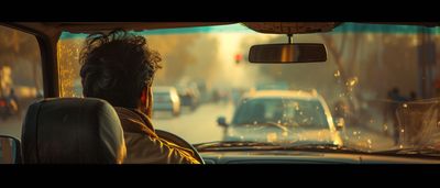 a man driving a car down a busy street