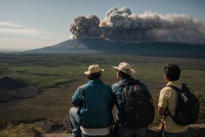 a group of people sitting on top of a hill