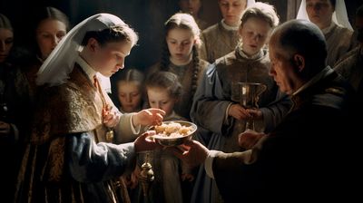 a group of people standing around a woman holding a plate of food