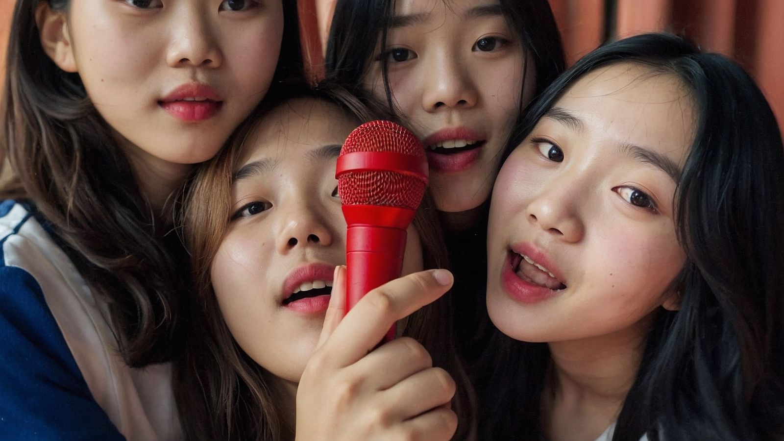 a group of asian women holding a red microphone