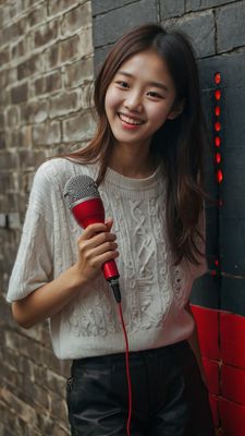 a woman holding a microphone and smiling at the camera