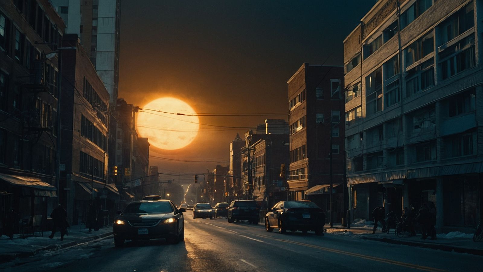 the sun is setting over a city street