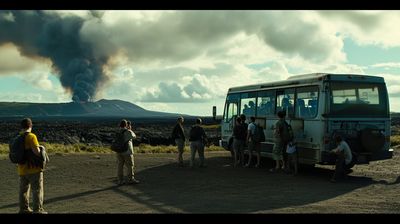 a group of people standing in front of a bus