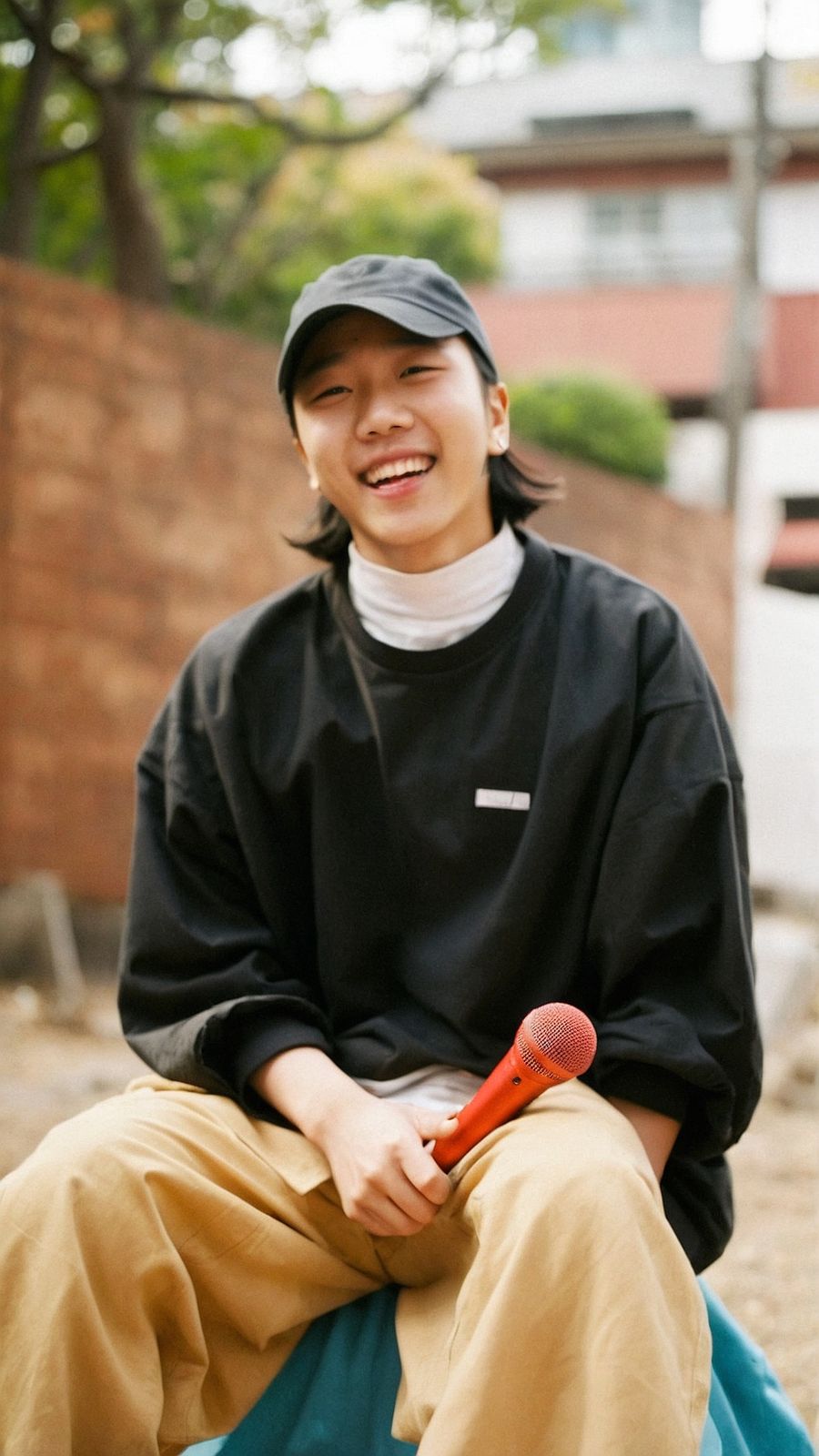 a young man sitting on the ground with a baseball bat