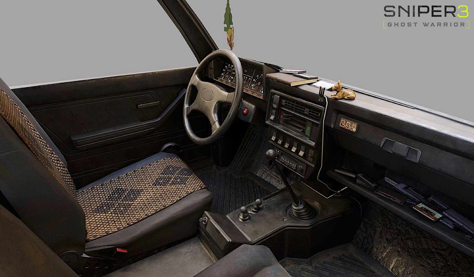 the interior of a car with a steering wheel and dashboard