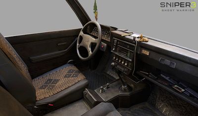 the interior of a car with a steering wheel and dashboard