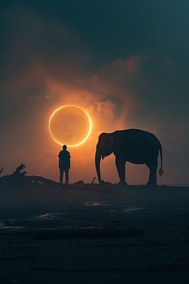 a man standing next to an elephant in front of the sun