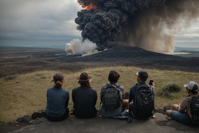 a group of people sitting on top of a hill