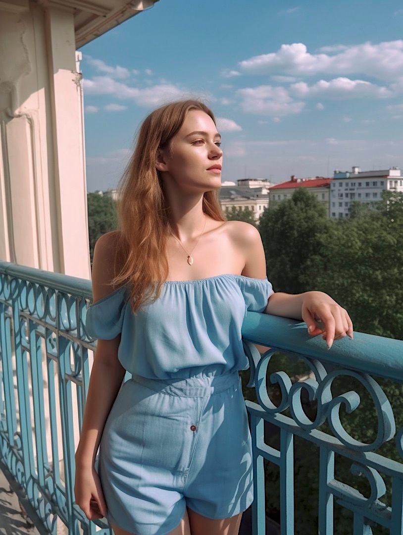 a woman standing on a balcony next to a railing