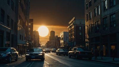 a city street filled with lots of traffic at sunset