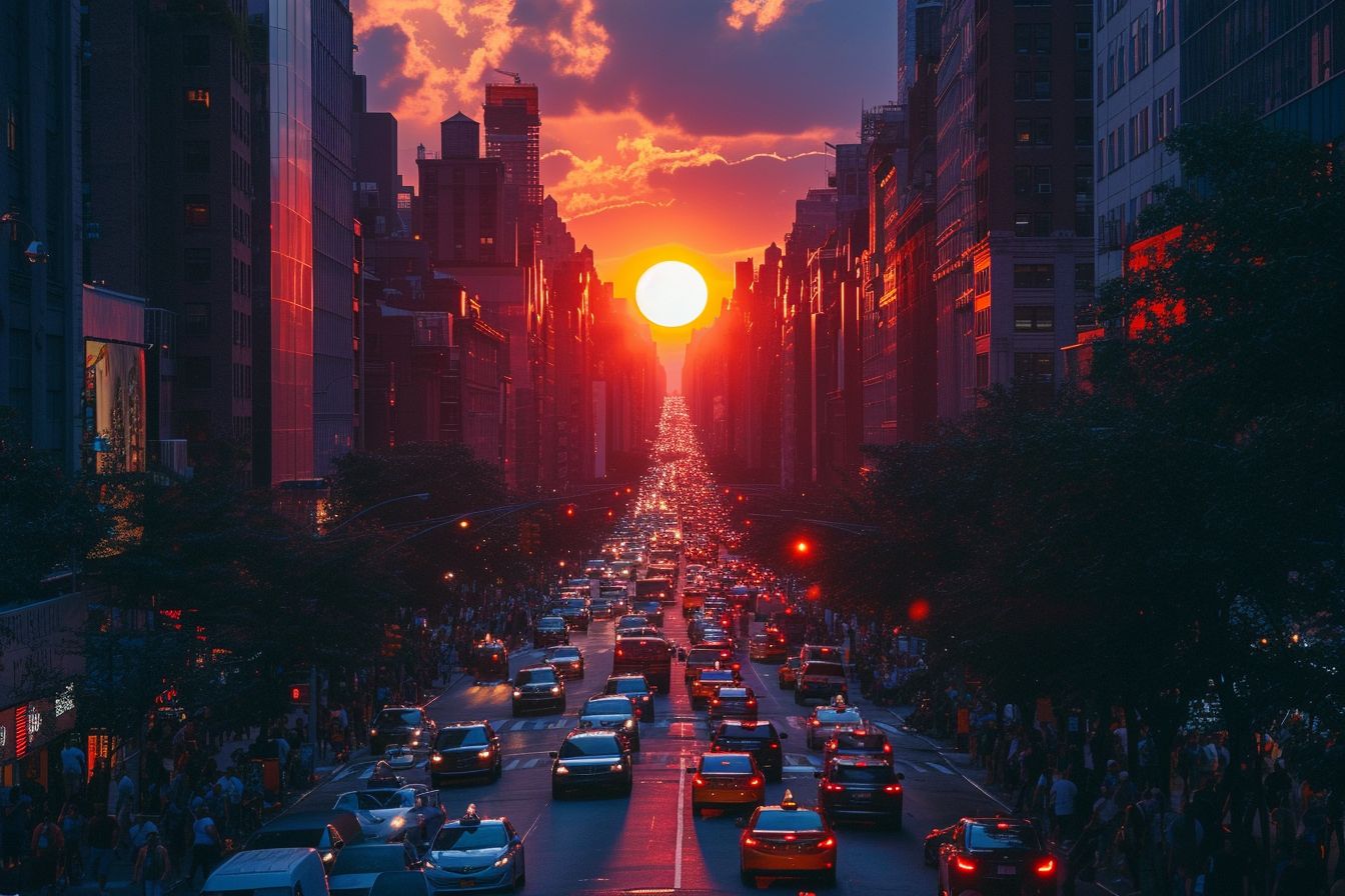 a city street filled with lots of traffic at sunset