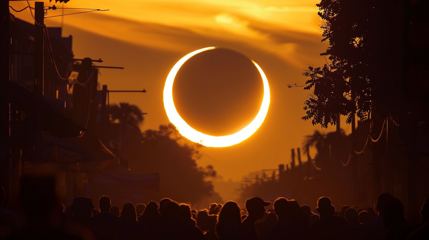 a solar eclipse is seen over a crowd of people