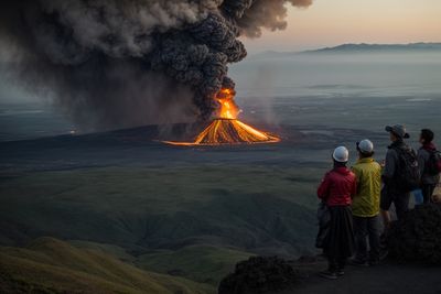 a group of people looking at a volcano