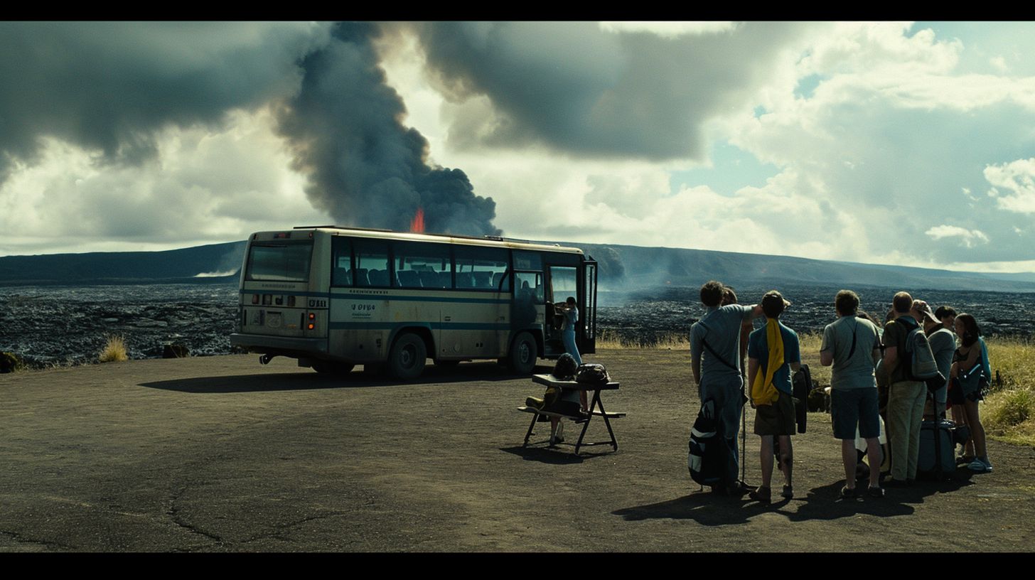 a group of people standing in front of a bus