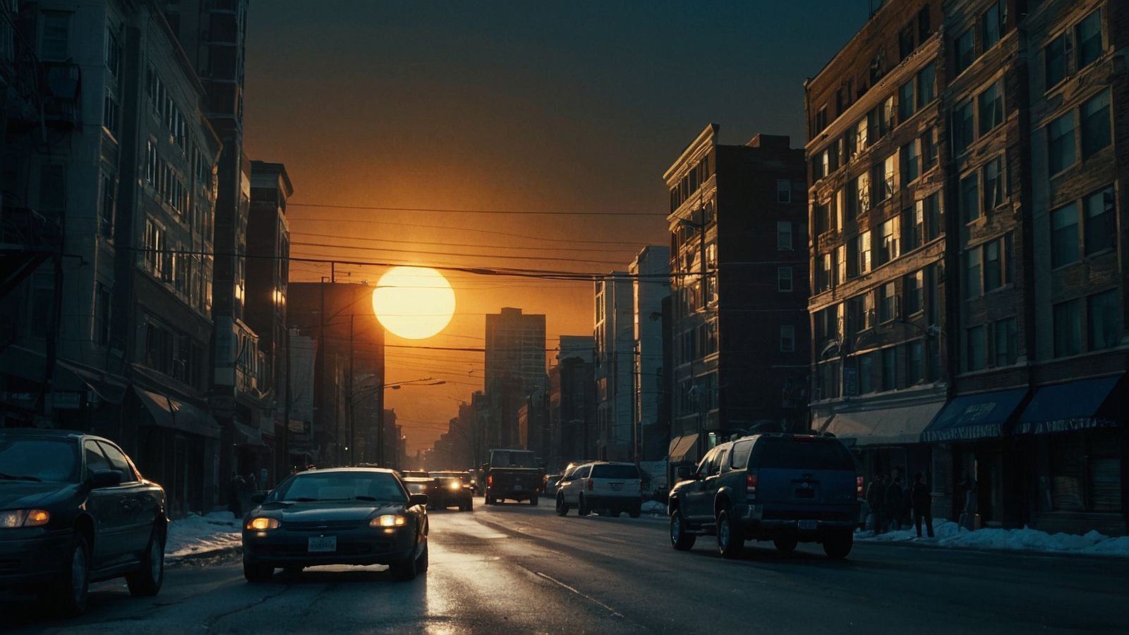 the sun is setting over a city street