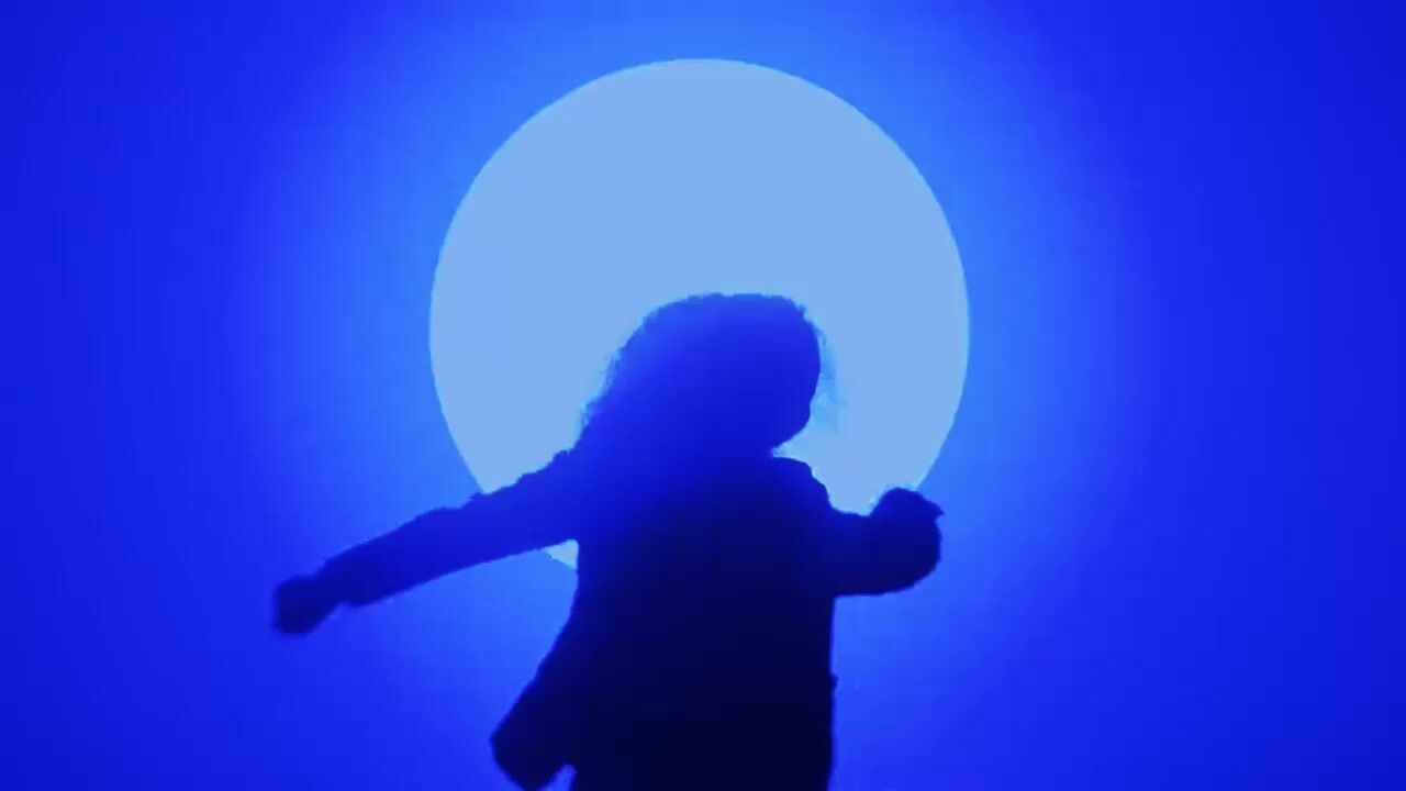 a silhouette of a person holding a large object in front of a blue background