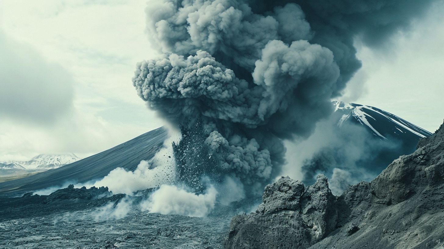 a large plume of smoke rising from a volcano