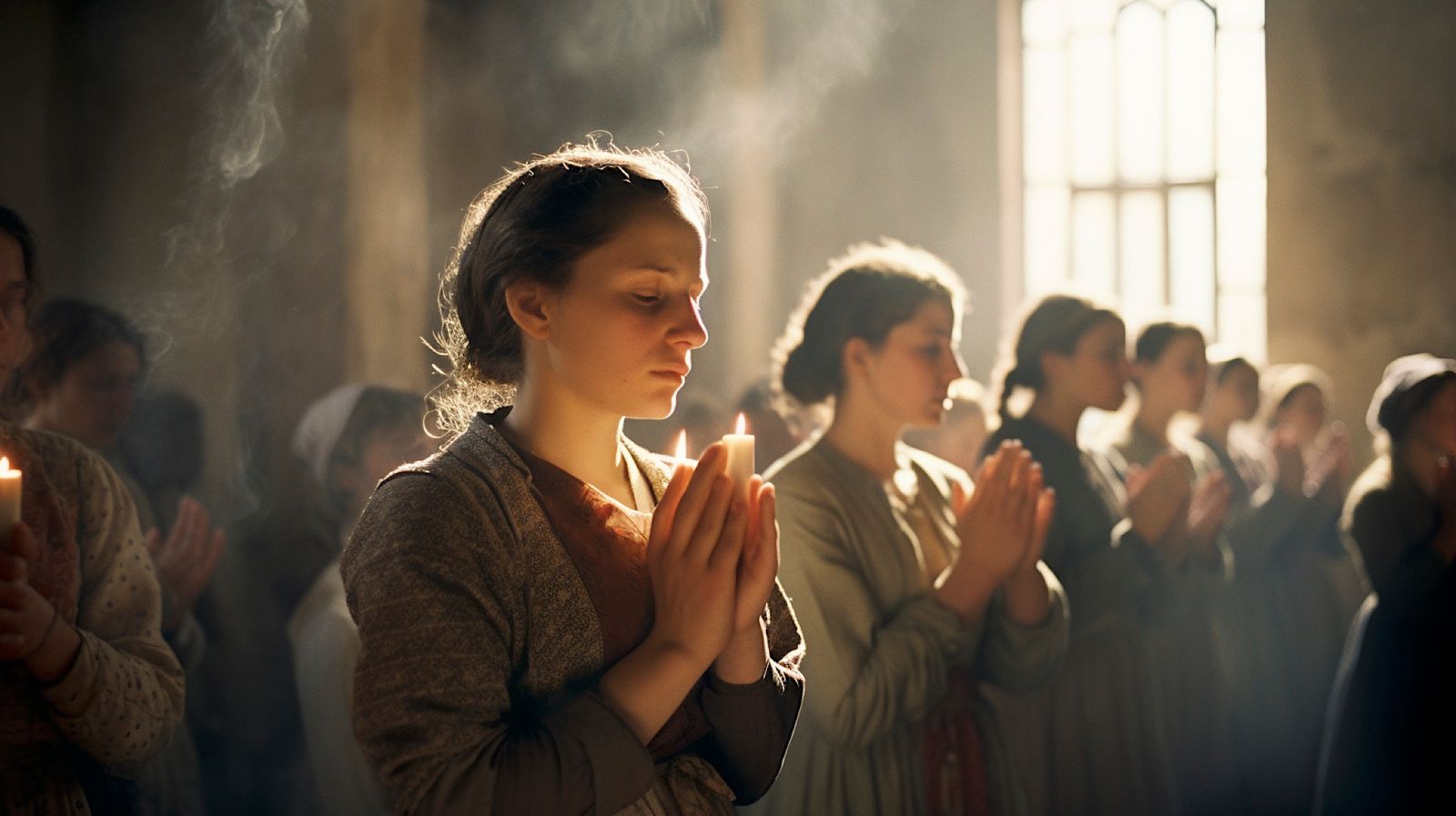 a group of people standing around each other with candles in their hands