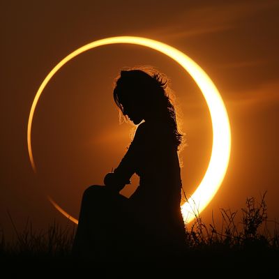 a silhouette of a woman sitting in front of a sun