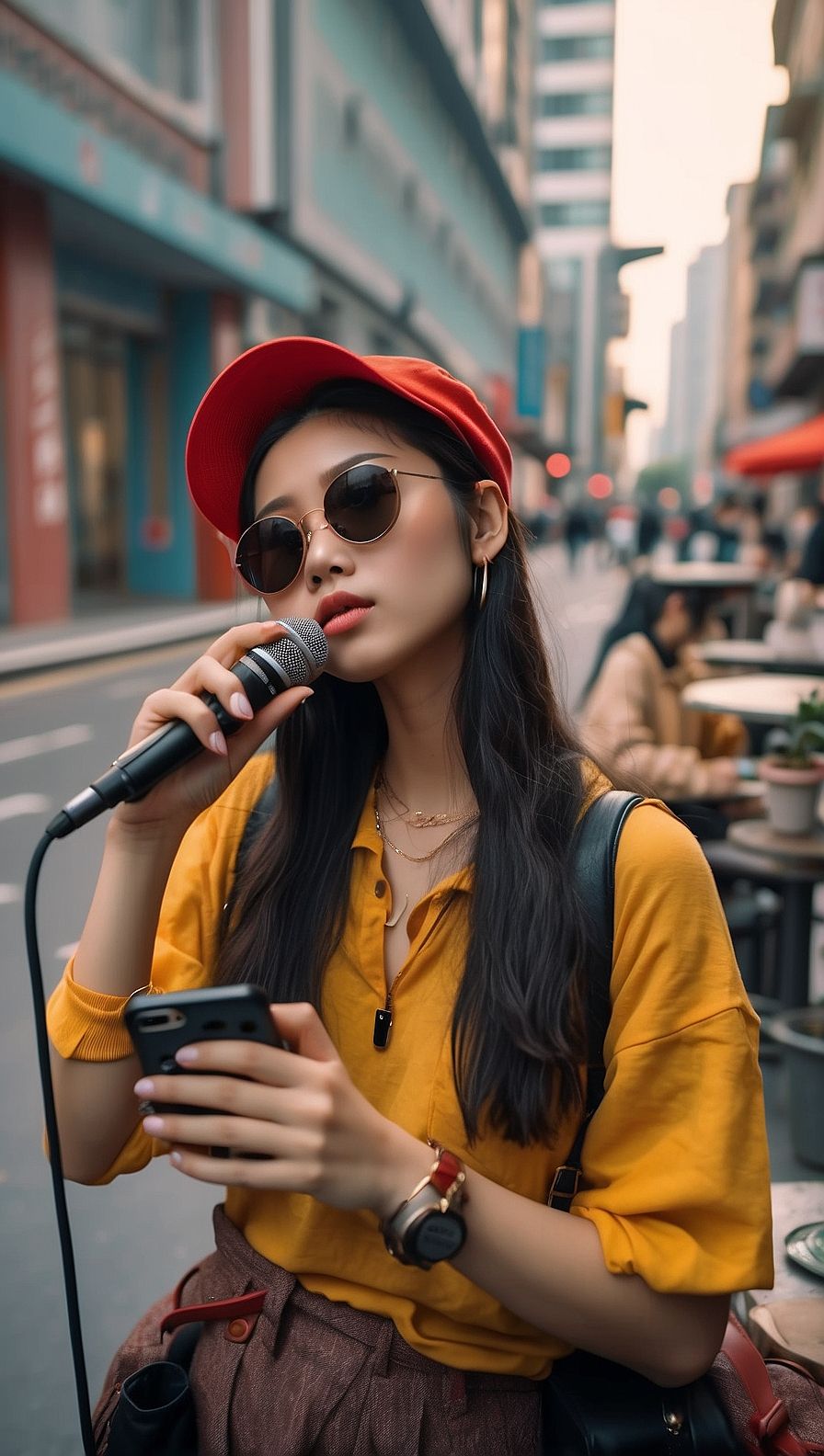 a woman in a red hat is holding a microphone