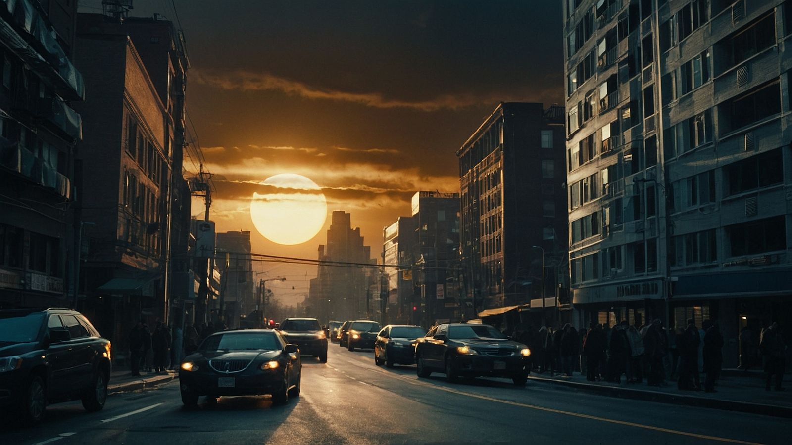 a city street filled with lots of traffic at sunset