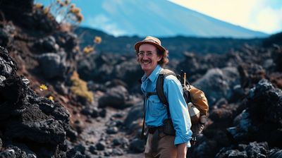 a man with a backpack standing in a rocky area