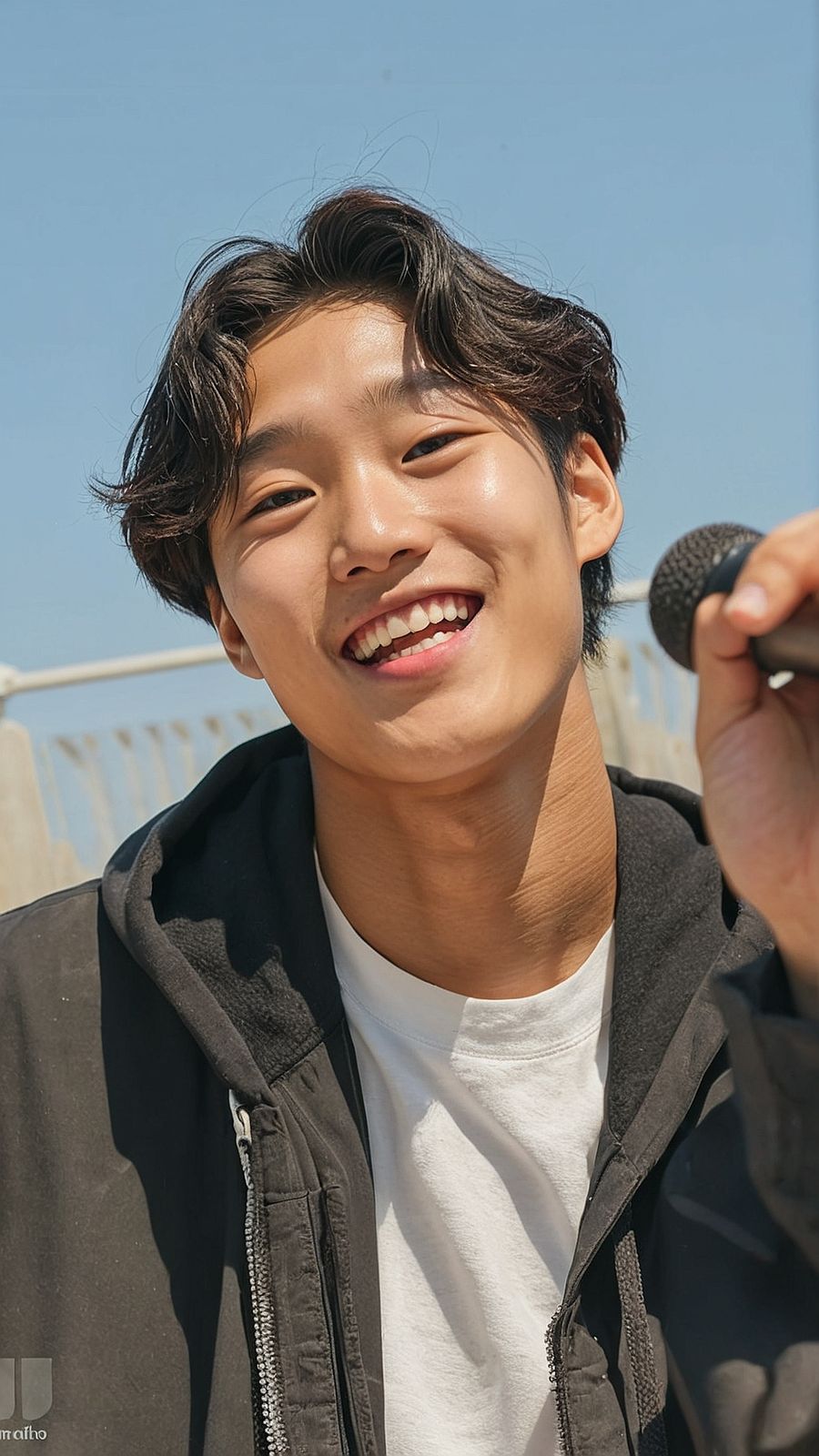 a young man holding a microphone up to his ear