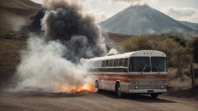 a bus driving down a dirt road with a mountain in the background