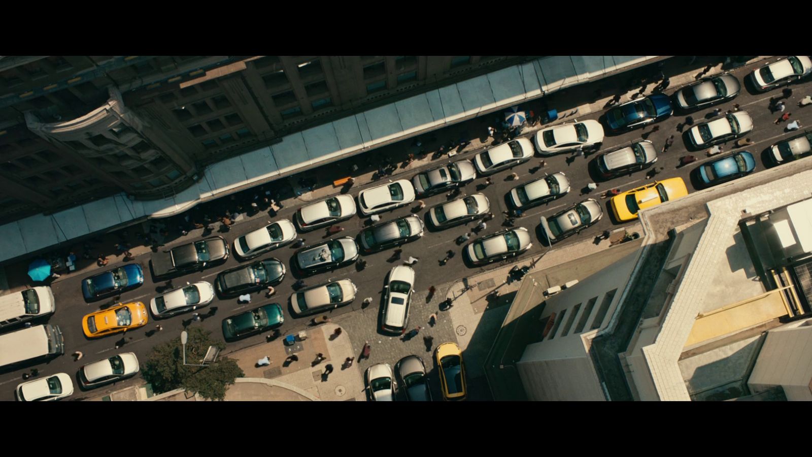 an aerial view of a busy city street