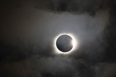 a solar eclipse is seen through the clouds