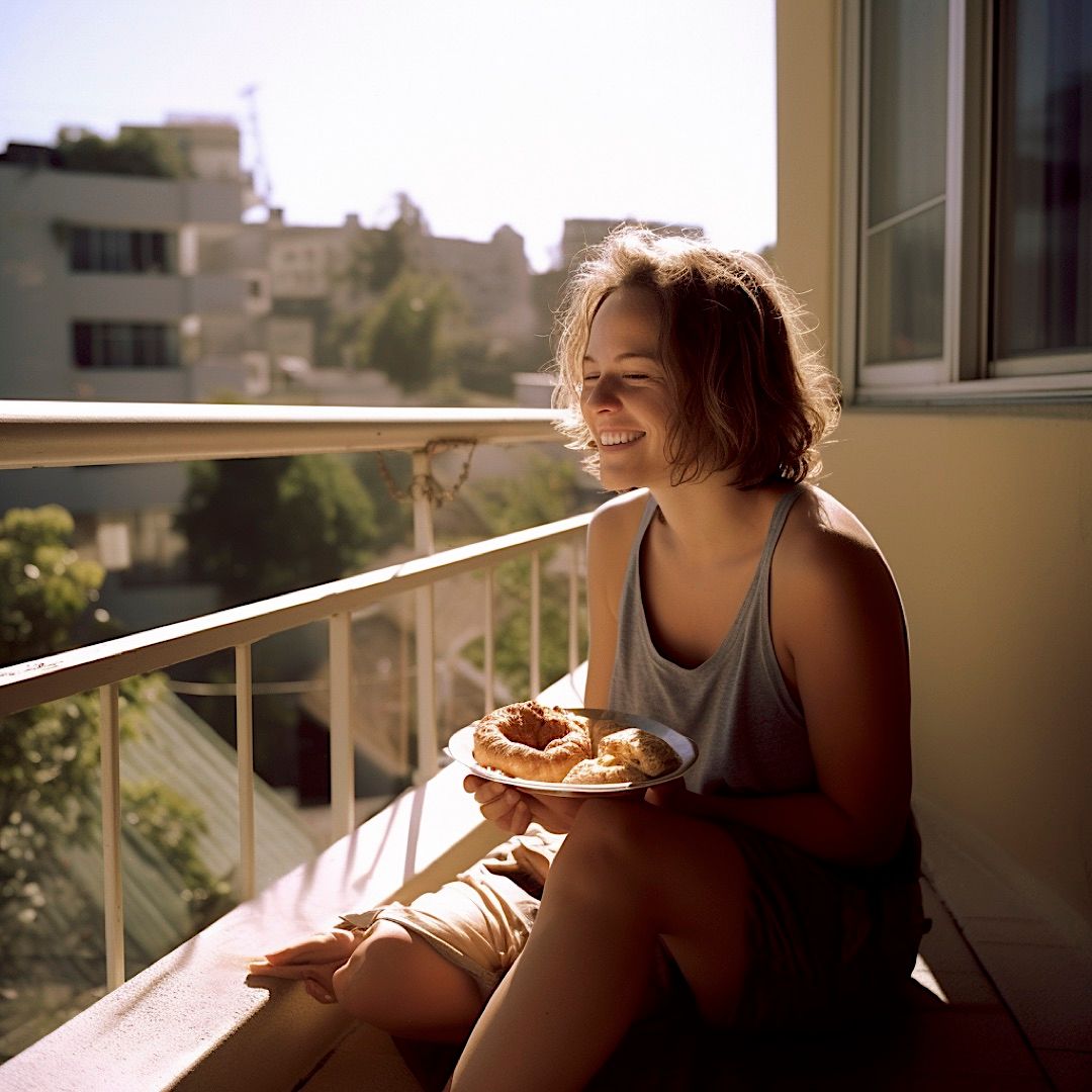 a woman sitting on a balcony holding a plate of food