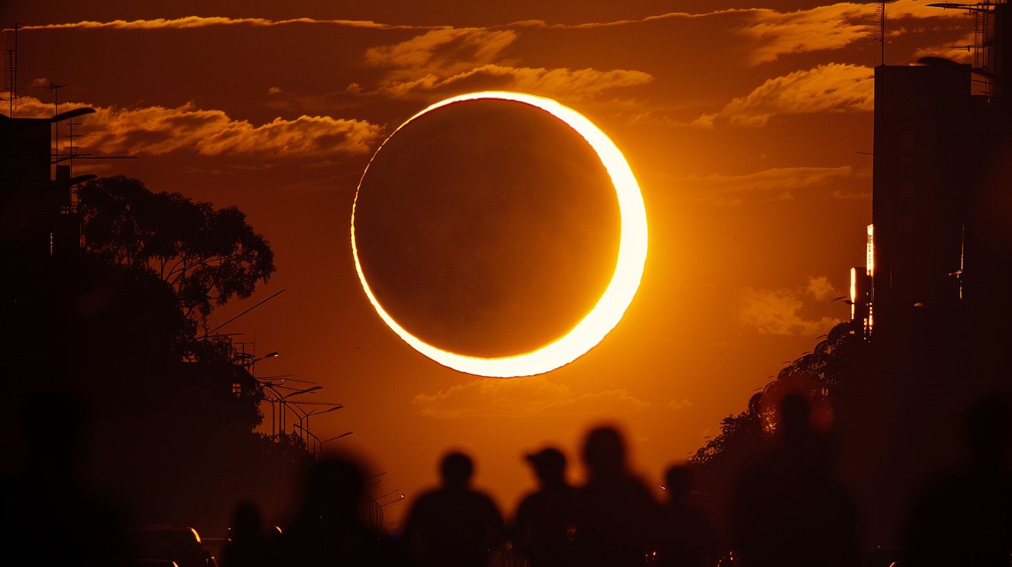 a solar eclipse is seen in the sky over a city