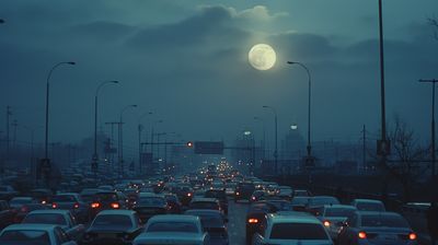 a city street filled with lots of traffic under a full moon