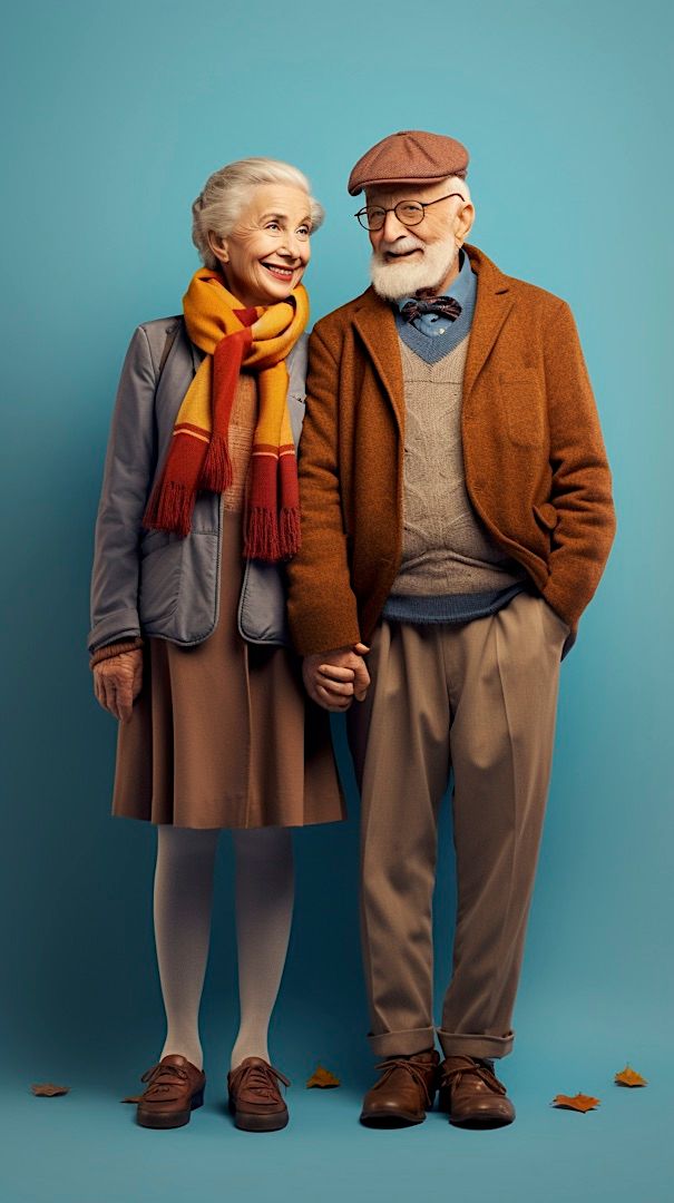 an older man and woman standing next to each other