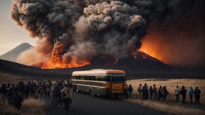 a group of people standing in front of a bus