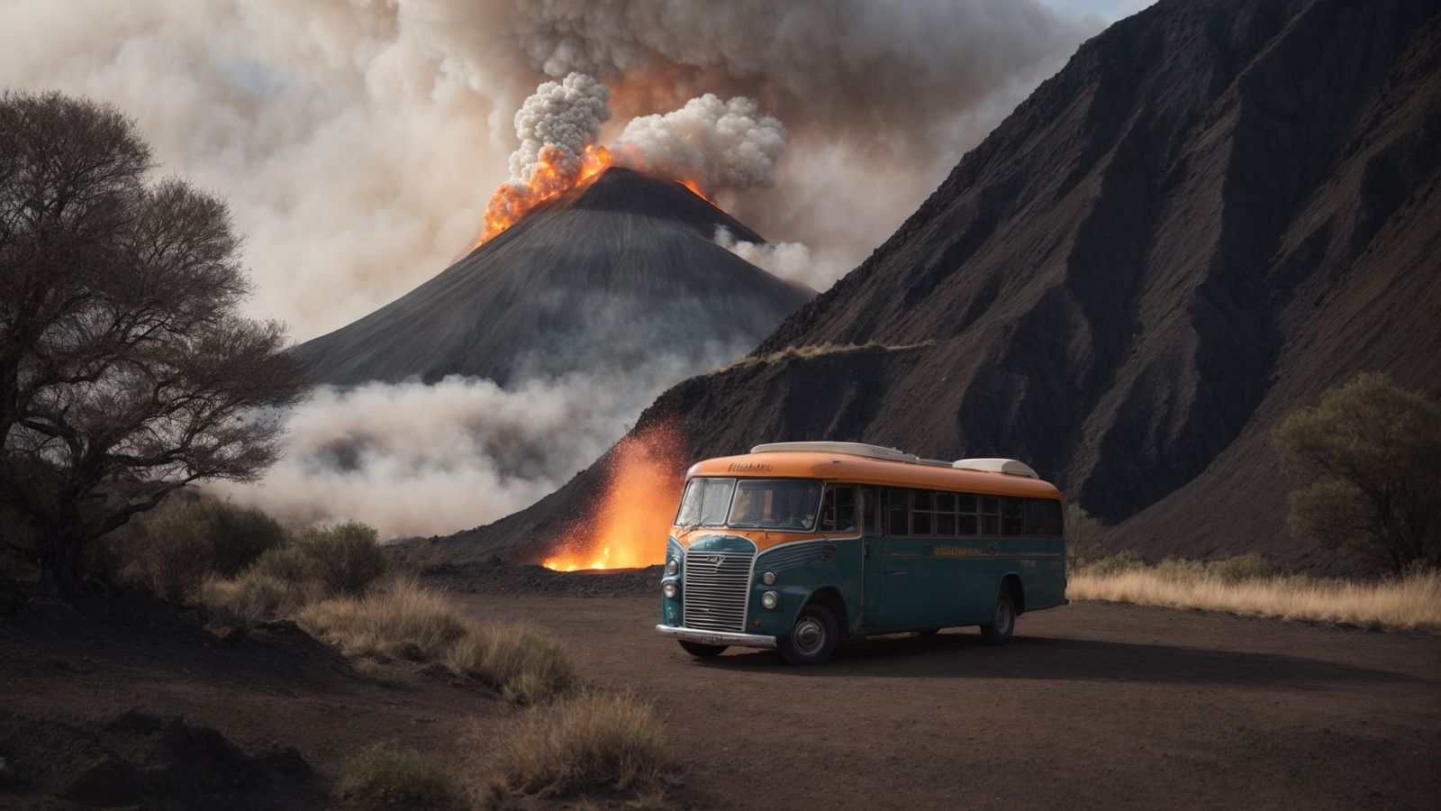 a bus driving down a road near a mountain