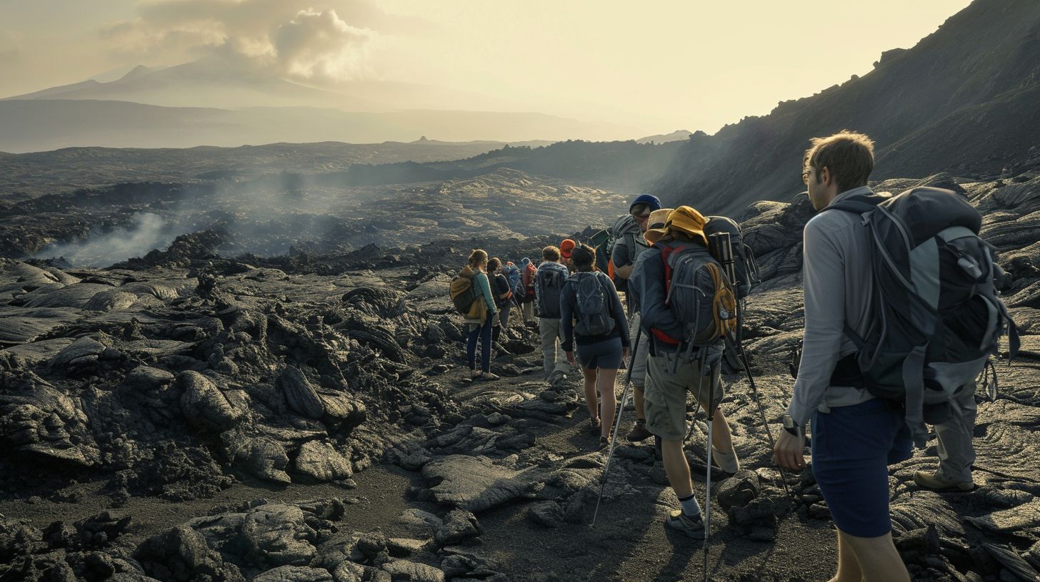 a group of people hiking up a mountain